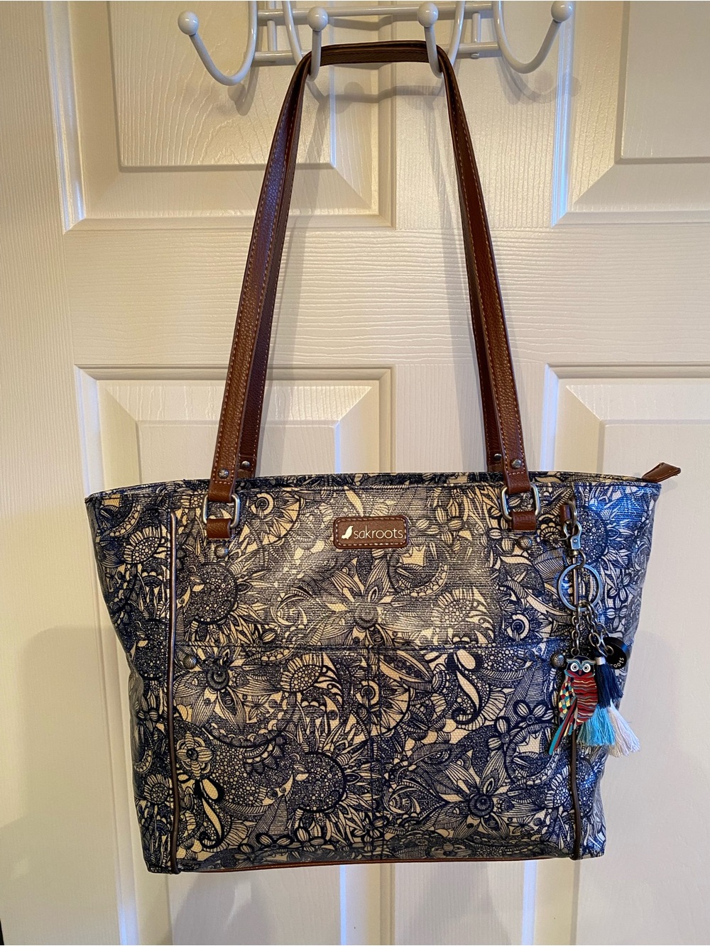 Sakroots Navy Floral Tote with Brown Straps and Tassel Charm